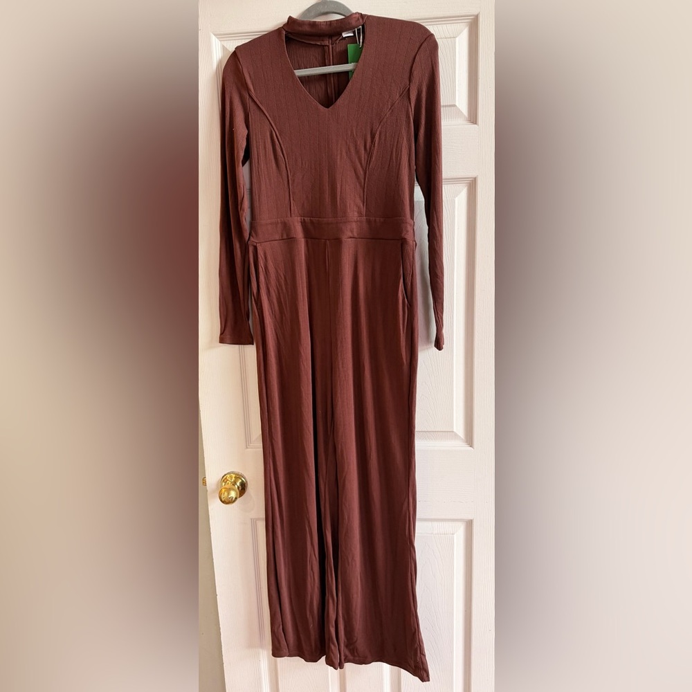 HALARA Rich Brown Long Sleeve Jumpsuit with Cutout Neck